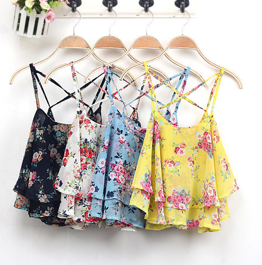 2021 Blusa Hot 4Colors Women Summer Strap Floral Print Chiffon Blouse Sexy Tops Retro Floral Cross-Shoulder Shirts Sleeveless T - Amazhona 