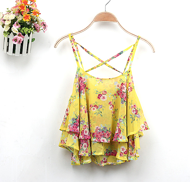 2021 Blusa Hot 4Colors Women Summer Strap Floral Print Chiffon Blouse Sexy Tops Retro Floral Cross-Shoulder Shirts Sleeveless T - Amazhona 