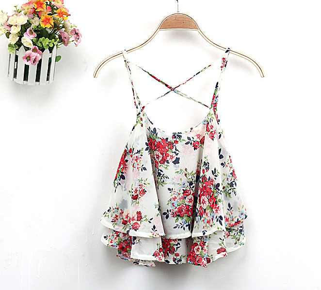 2021 Blusa Hot 4Colors Women Summer Strap Floral Print Chiffon Blouse Sexy Tops Retro Floral Cross-Shoulder Shirts Sleeveless T - Amazhona 