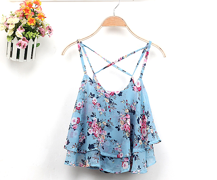 2021 Blusa Hot 4Colors Women Summer Strap Floral Print Chiffon Blouse Sexy Tops Retro Floral Cross-Shoulder Shirts Sleeveless T - Amazhona 