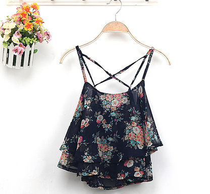 2021 Blusa Hot 4Colors Women Summer Strap Floral Print Chiffon Blouse Sexy Tops Retro Floral Cross-Shoulder Shirts Sleeveless T - Amazhona 