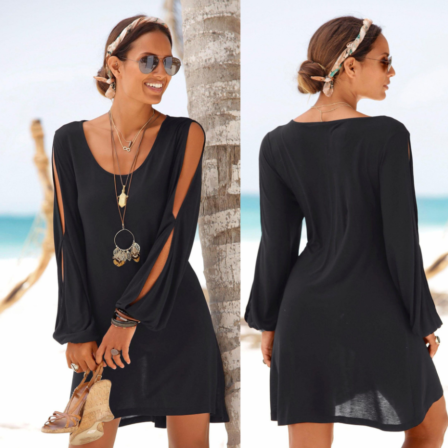 Dress Deep V-neck Loose Shoulder Long Sleeve Casual Beach Dress - Amazhona 