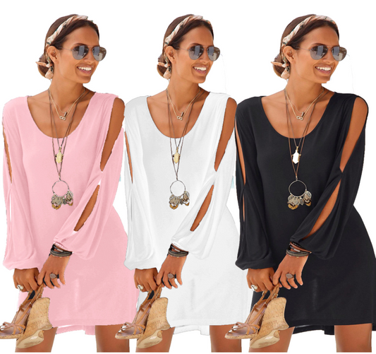 Dress Deep V-neck Loose Shoulder Long Sleeve Casual Beach Dress - Amazhona 