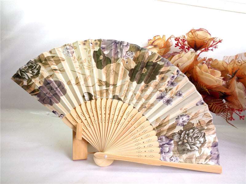 21CM Japanese style bamboo flower silk fan - Amazhona 