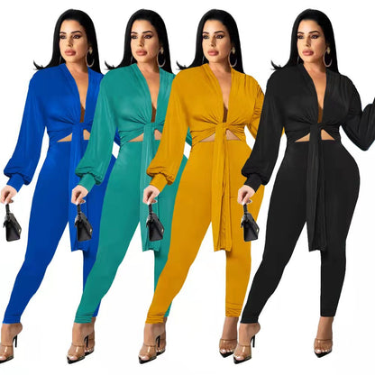 New Solid Color Tie Long Sleeve Women's Two-piece Set - Amazhona 