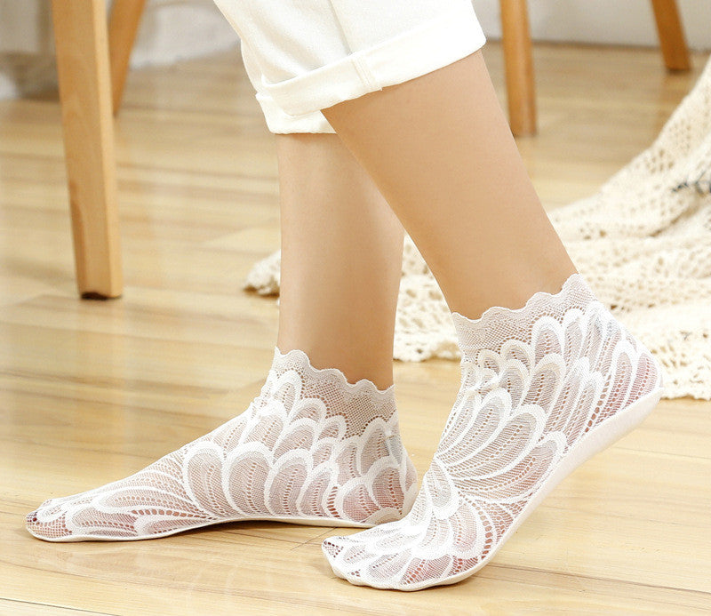 Socks Women Short Cute Solid Color Cotton Bottom Breathable In Tube Mesh Lace Lace - Amazhona 