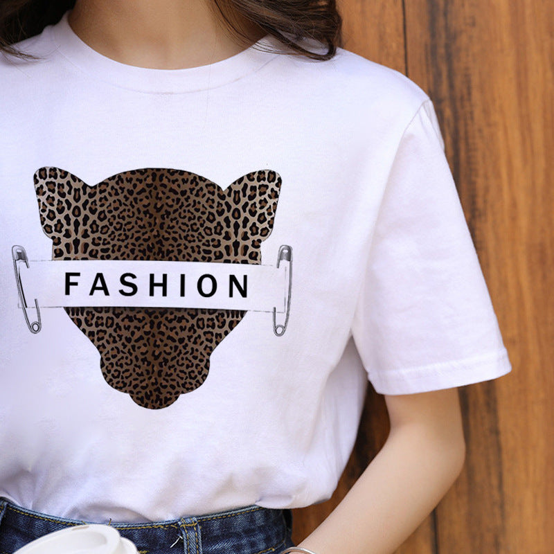 Leopard Pattern Print Ladies Simple Round Neck Short Sleeve T-shirt - Amazhona 