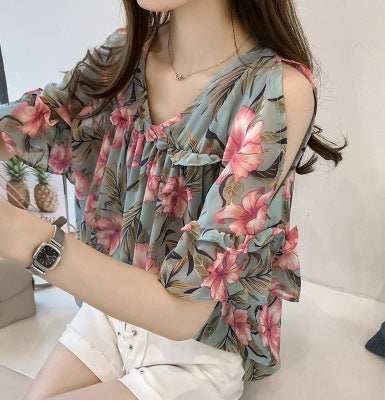 New Sweet Flared Sleeve Printed Off-the-shoulder Chiffon Shirt - Amazhona 