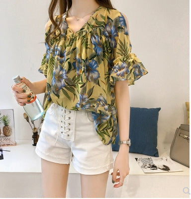 New Sweet Flared Sleeve Printed Off-the-shoulder Chiffon Shirt - Amazhona 