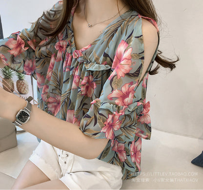 New Sweet Flared Sleeve Printed Off-the-shoulder Chiffon Shirt - Amazhona 