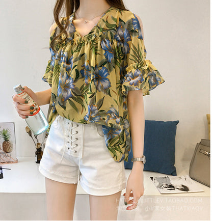 New Sweet Flared Sleeve Printed Off-the-shoulder Chiffon Shirt - Amazhona 