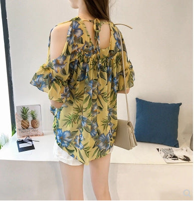 New Sweet Flared Sleeve Printed Off-the-shoulder Chiffon Shirt - Amazhona 