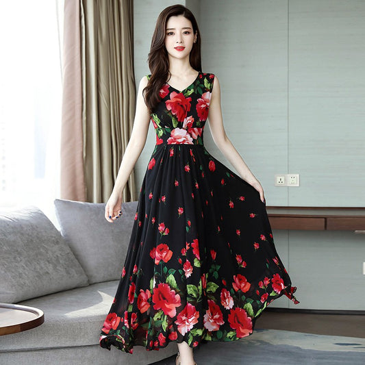 Summer Dress for Women Floral Printed Dress Fashion Waist Floral Sleeveless A-line V-neck Print Dress F - Amazhona 