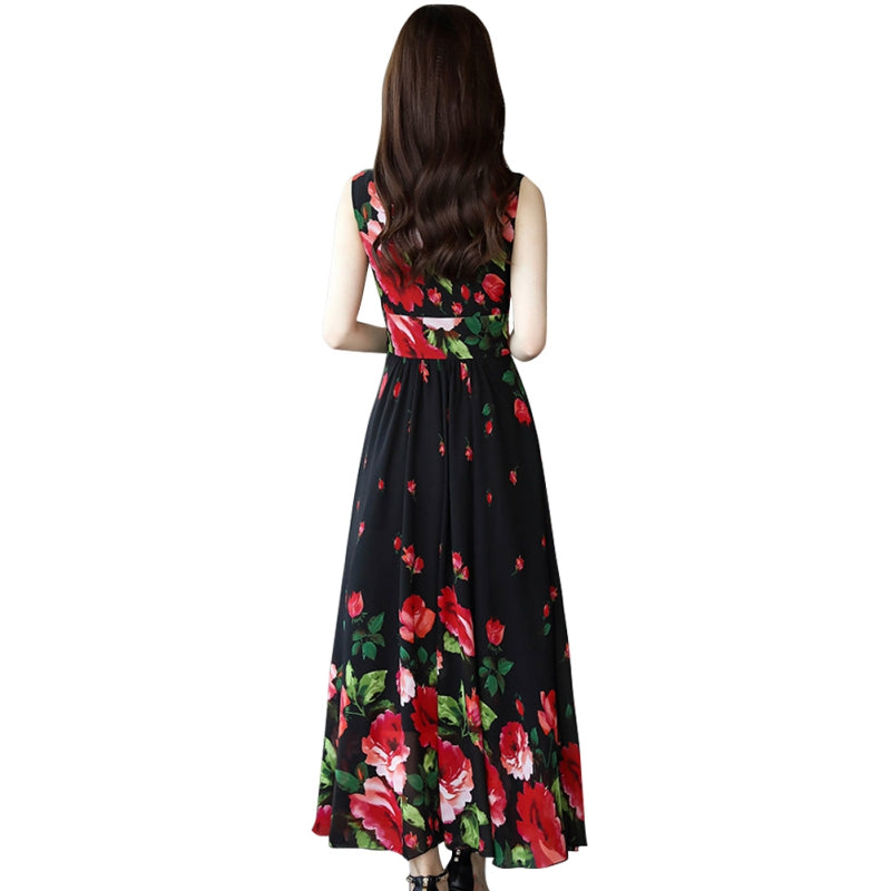 Summer Dress for Women Floral Printed Dress Fashion Waist Floral Sleeveless A-line V-neck Print Dress F - Amazhona 