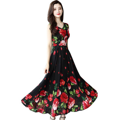 Summer Dress for Women Floral Printed Dress Fashion Waist Floral Sleeveless A-line V-neck Print Dress F - Amazhona 