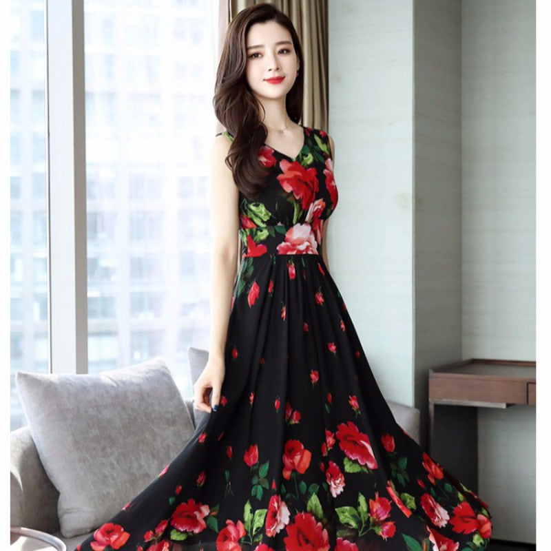 Summer Dress for Women Floral Printed Dress Fashion Waist Floral Sleeveless A-line V-neck Print Dress F - Amazhona 