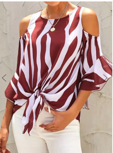 Summer New Striped Off Shoulder Blouse Women Short Sleeve Sexy Shirt Plus Size Casual Round Neck Blusas Mujer De Moda - Amazhona 