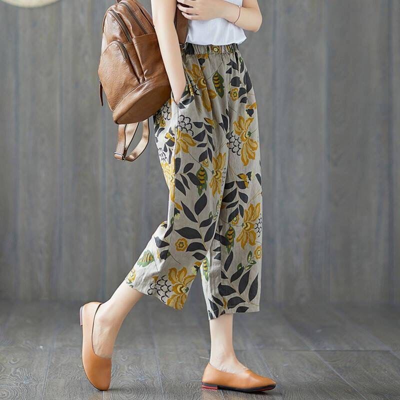 Thin Section Breathable Retro Fashion Nine Point Summer Loose Printed Women's Trousers - Amazhona 