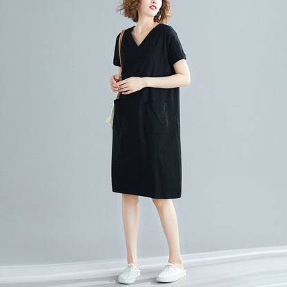 Fat Mm Solid Color V-Neck Slim Short-Sleeved Dress - Amazhona 