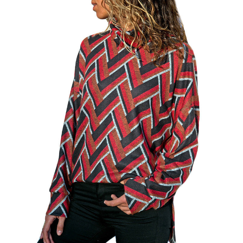 Geometric Print Casual Long Sleeve High Neck Ladies T-shirt Top - Amazhona 