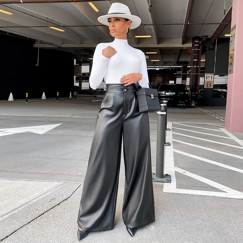 Solid Color Wide Leg High Waist Fashion Leather Pants