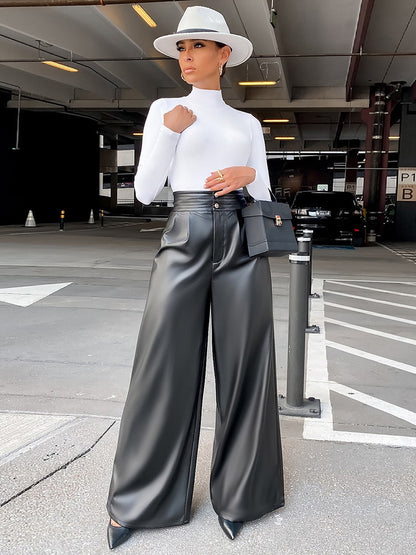 Solid Color Wide Leg High Waist Fashion Leather Pants