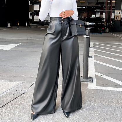 Solid Color Wide Leg High Waist Fashion Leather Pants