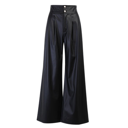 Solid Color Wide Leg High Waist Fashion Leather Pants