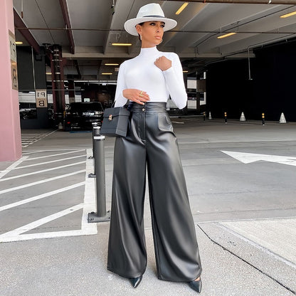 Solid Color Wide Leg High Waist Fashion Leather Pants