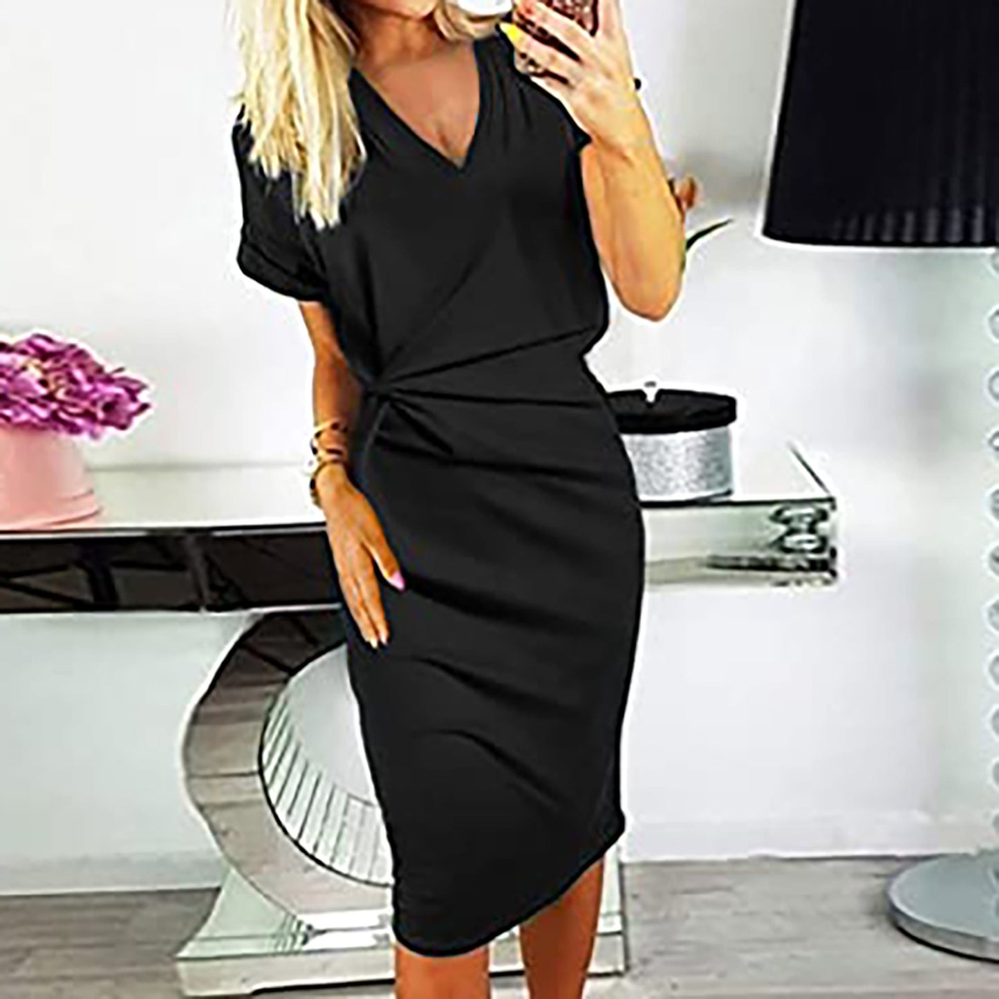 Fashion Solid Color Casual Twist V Neck Short Sleeve Skirt Women - Amazhona 