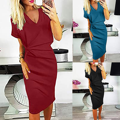 Fashion Solid Color Casual Twist V Neck Short Sleeve Skirt Women - Amazhona 