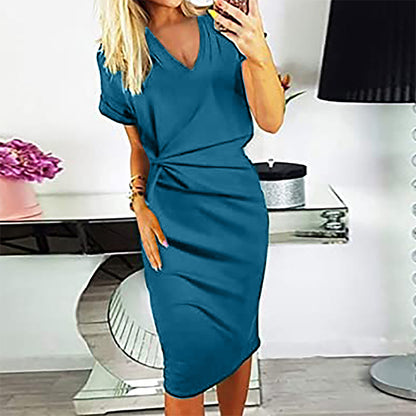 Fashion Solid Color Casual Twist V Neck Short Sleeve Skirt Women - Amazhona 