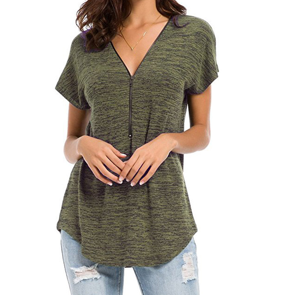 Women's Solid Color V-neck Blouse Fashion Casual Short-sleeved T-shirt Women - Amazhona 