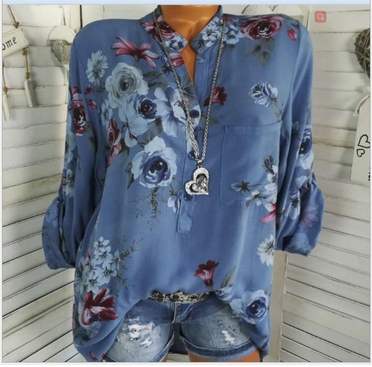 5XL Plus Size Summer Tops 2019 Women Blouses Long Sleeve Print Stand Collar Button Blouse Pullover Womens Clothing Shirt Blusa - Amazhona 