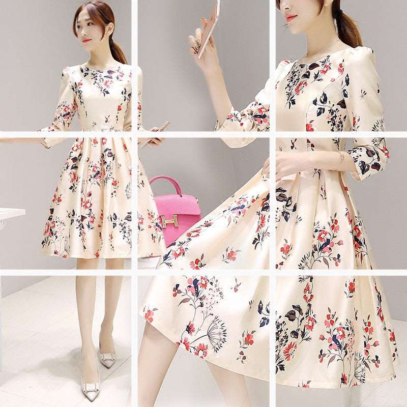 2018 Summer New Three-MidQuarter Sleeves Puffy Skirt -Length Temperament Bottoming Slim Dress - Amazhona 