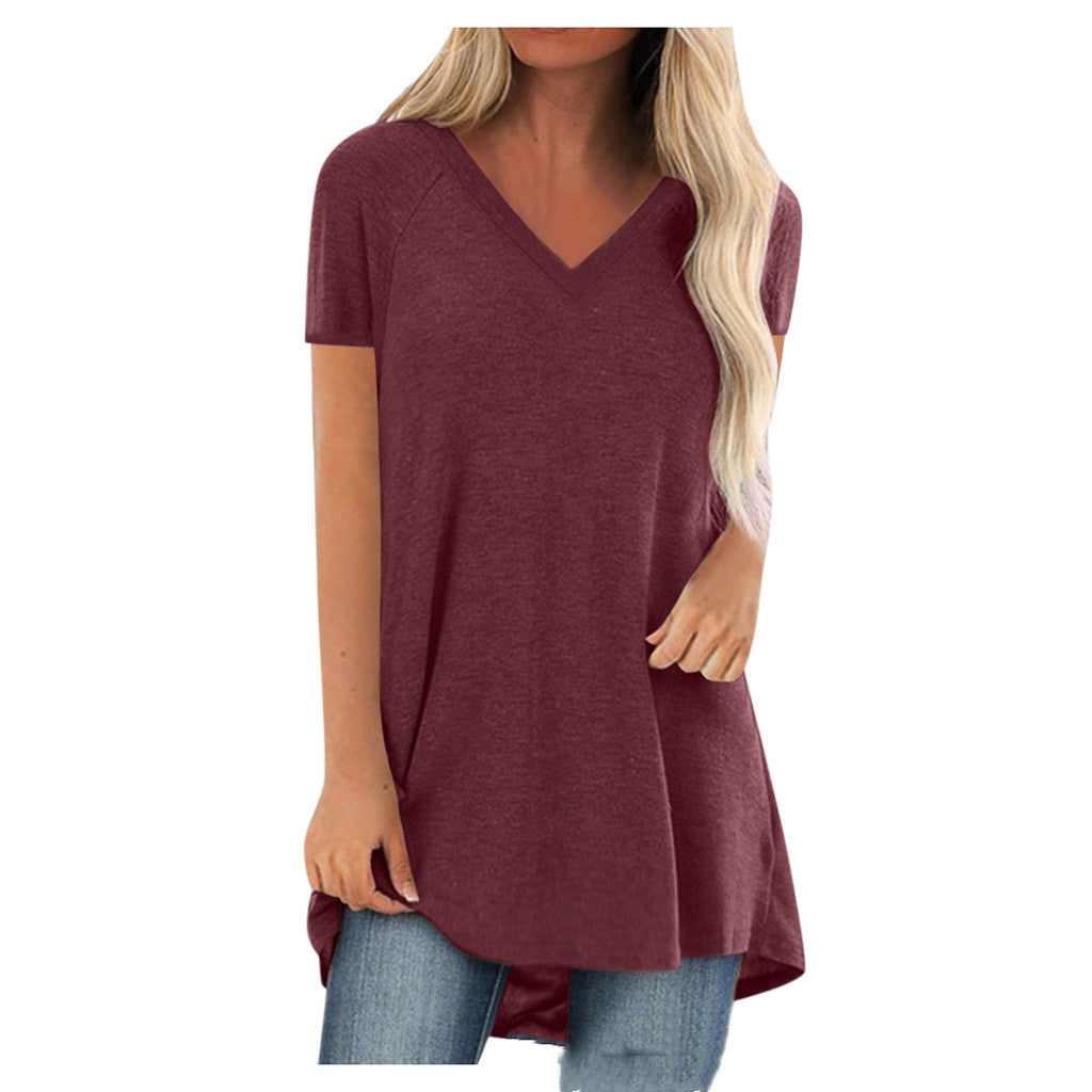 Spring And Summer New Solid Color V-Neck Loose Pullover Short Sleeves - Amazhona 