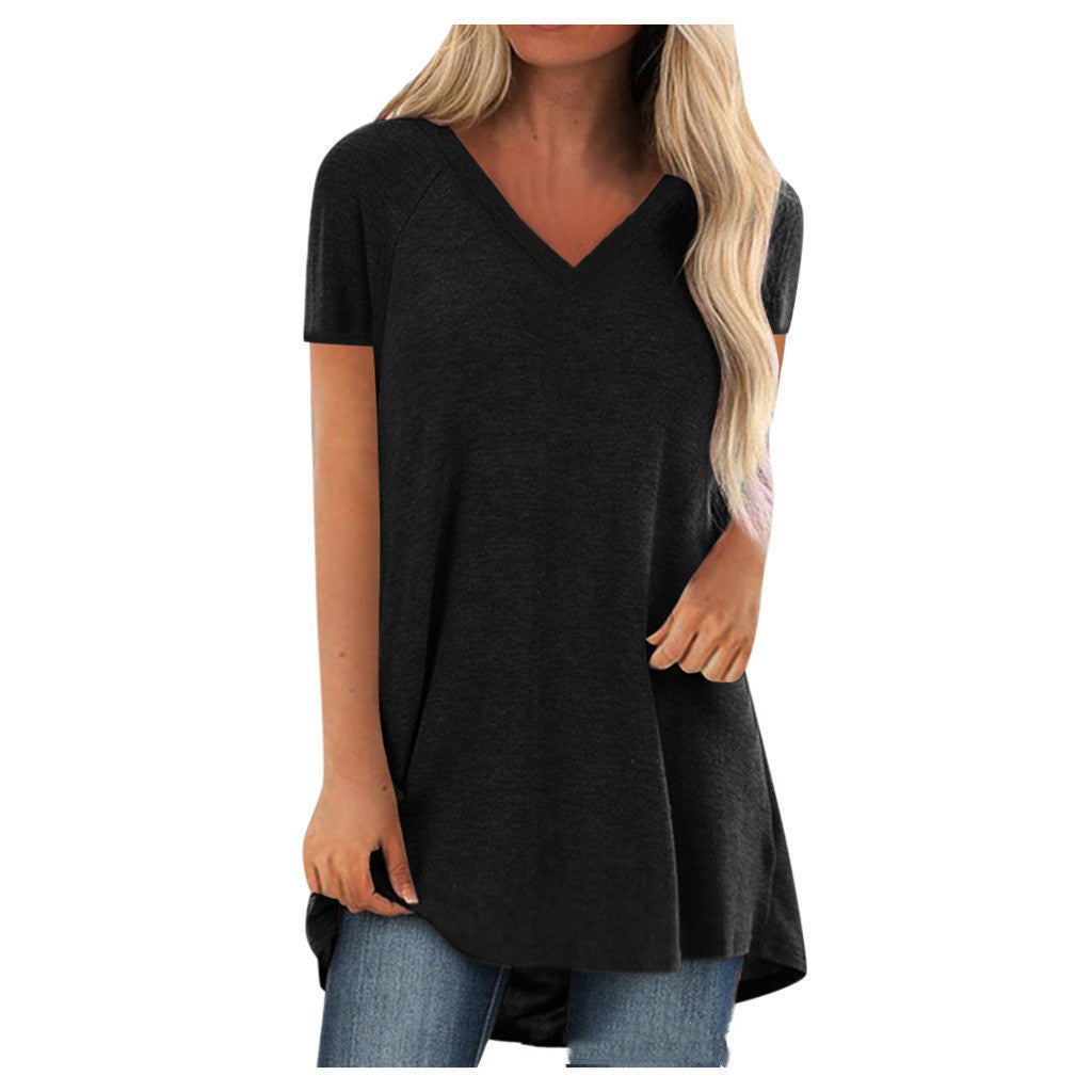 Spring And Summer New Solid Color V-Neck Loose Pullover Short Sleeves - Amazhona 