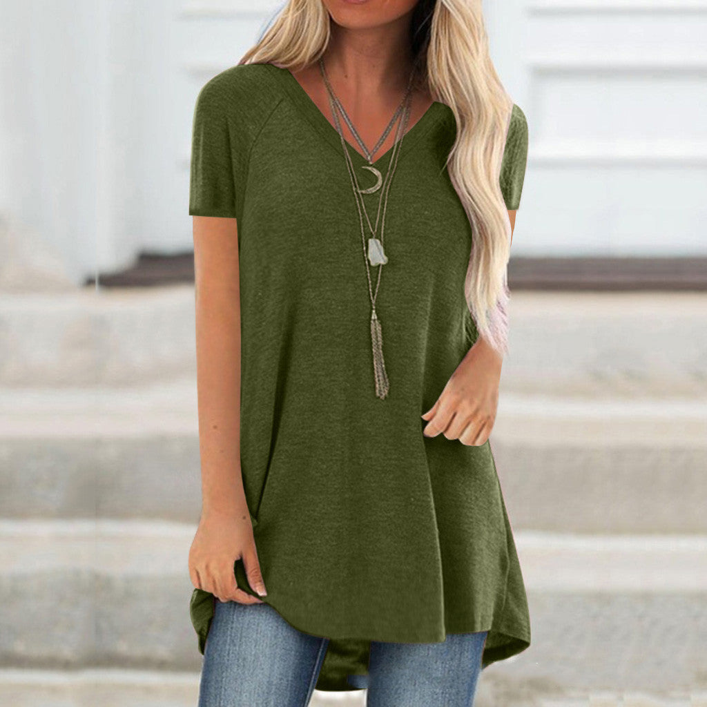 Spring And Summer New Solid Color V-Neck Loose Pullover Short Sleeves - Amazhona 