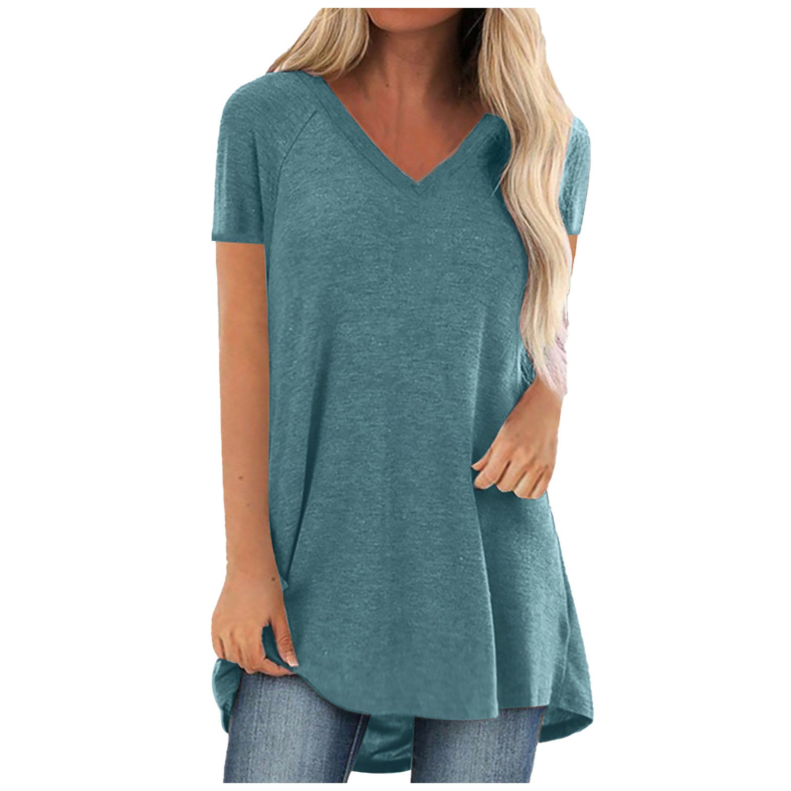 Spring And Summer New Solid Color V-Neck Loose Pullover Short Sleeves - Amazhona 