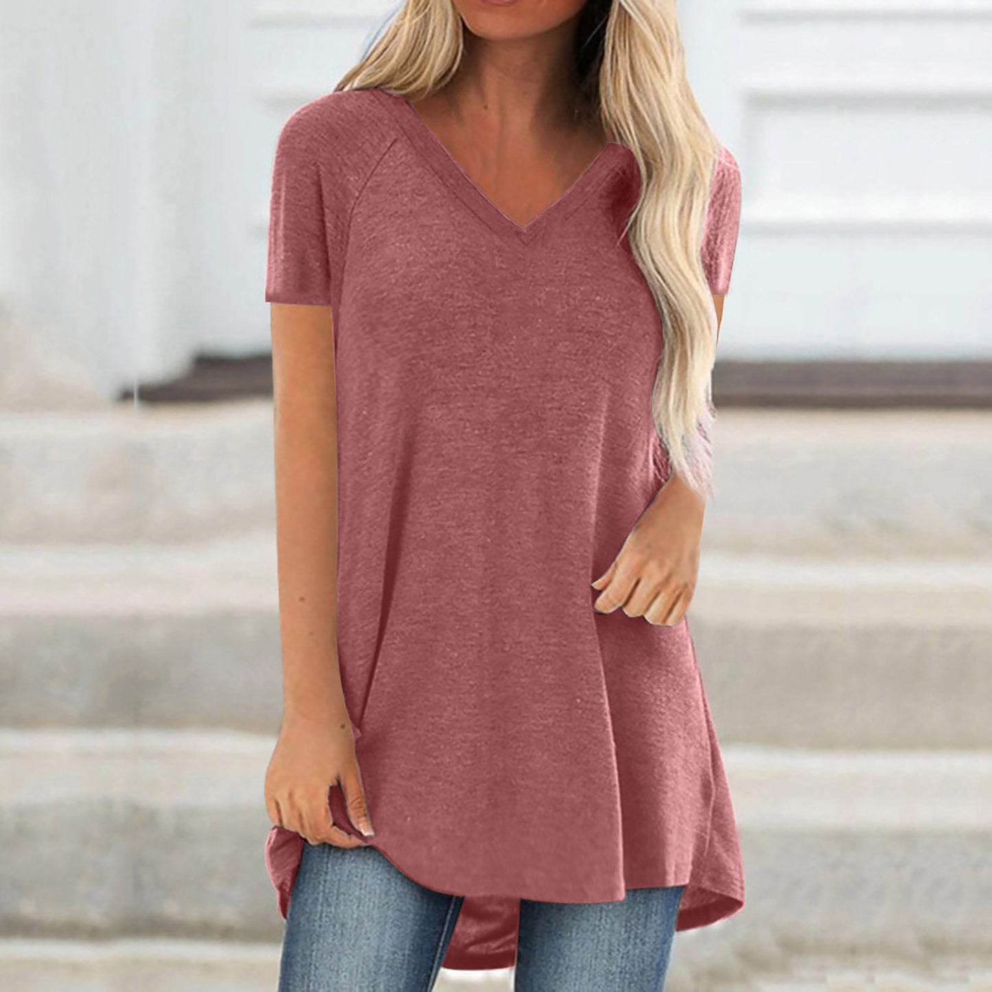 Spring And Summer New Solid Color V-Neck Loose Pullover Short Sleeves - Amazhona 