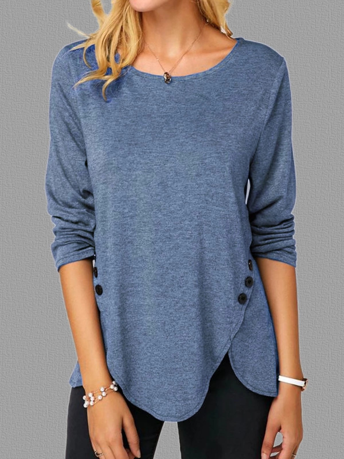 Spring And Summer Hot Style Irregular Button Hem Long Sleeve Round Neck T-shirt - Amazhona 