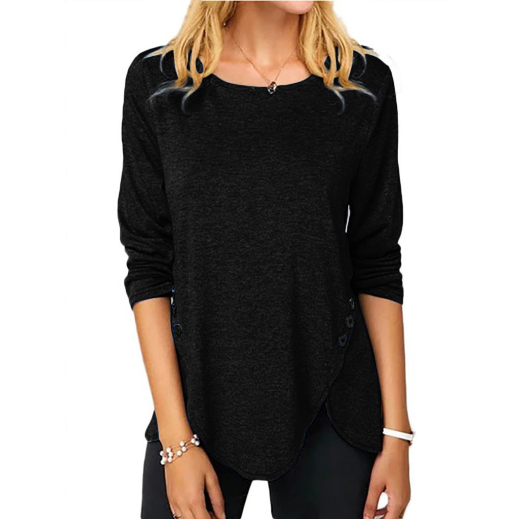 Spring And Summer Hot Style Irregular Button Hem Long Sleeve Round Neck T-shirt - Amazhona 