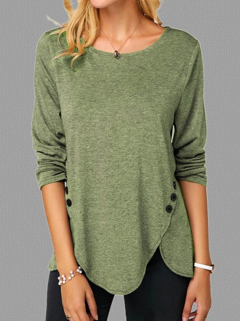 Spring And Summer Hot Style Irregular Button Hem Long Sleeve Round Neck T-shirt - Amazhona 