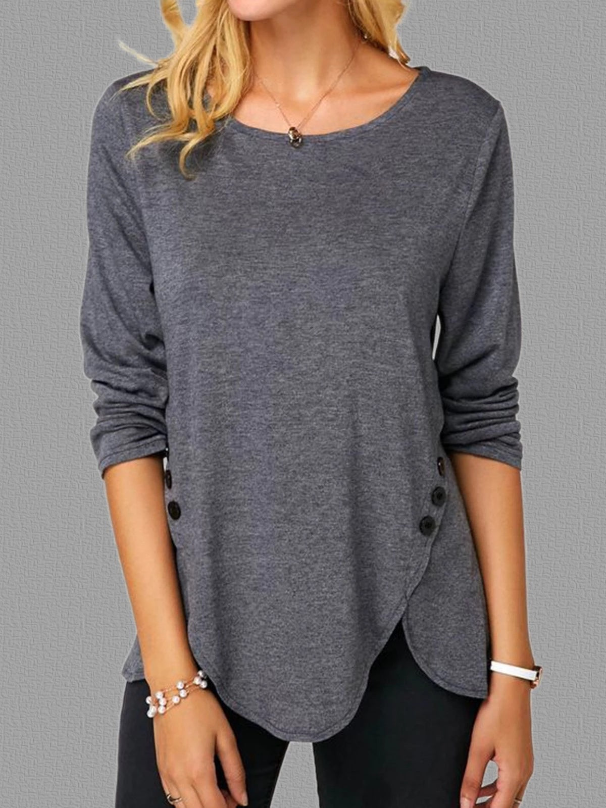 Spring And Summer Hot Style Irregular Button Hem Long Sleeve Round Neck T-shirt - Amazhona 