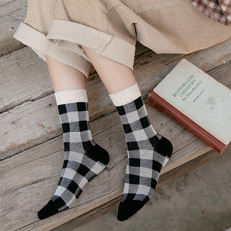 Blue Socks Women'S Pure Cotton Plaid Tube Socks - Amazhona 