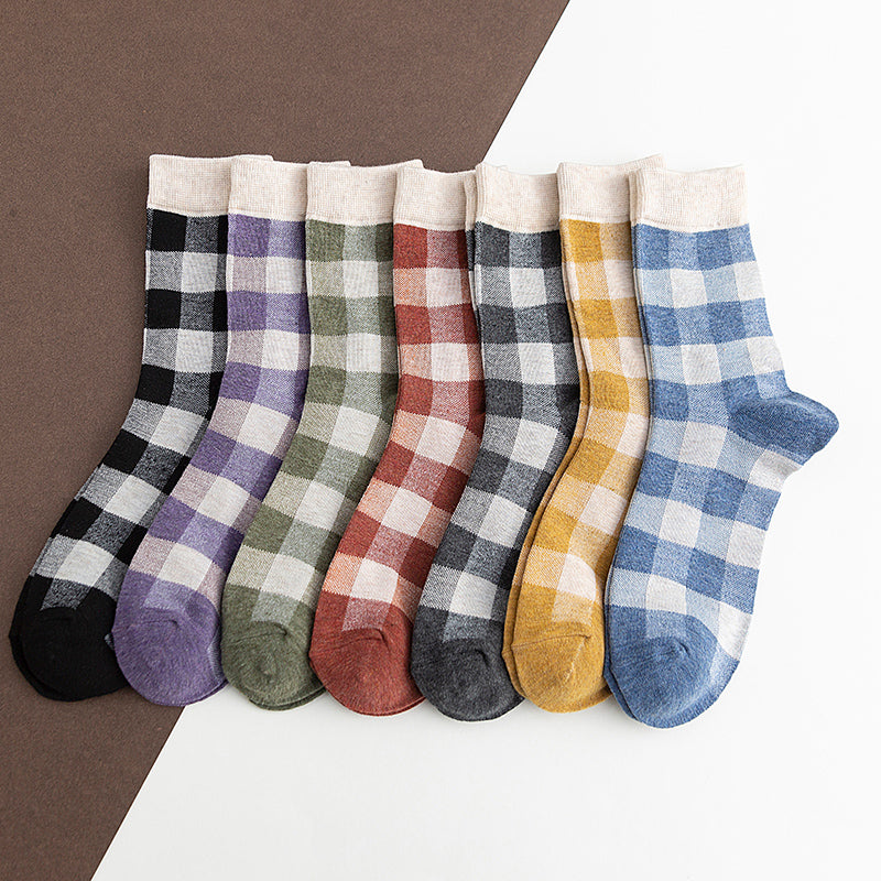 Blue Socks Women'S Pure Cotton Plaid Tube Socks - Amazhona 