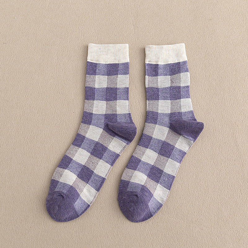 Blue Socks Women'S Pure Cotton Plaid Tube Socks - Amazhona 