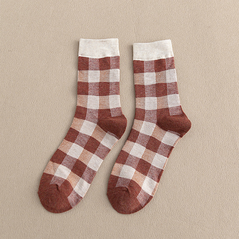 Blue Socks Women'S Pure Cotton Plaid Tube Socks - Amazhona 