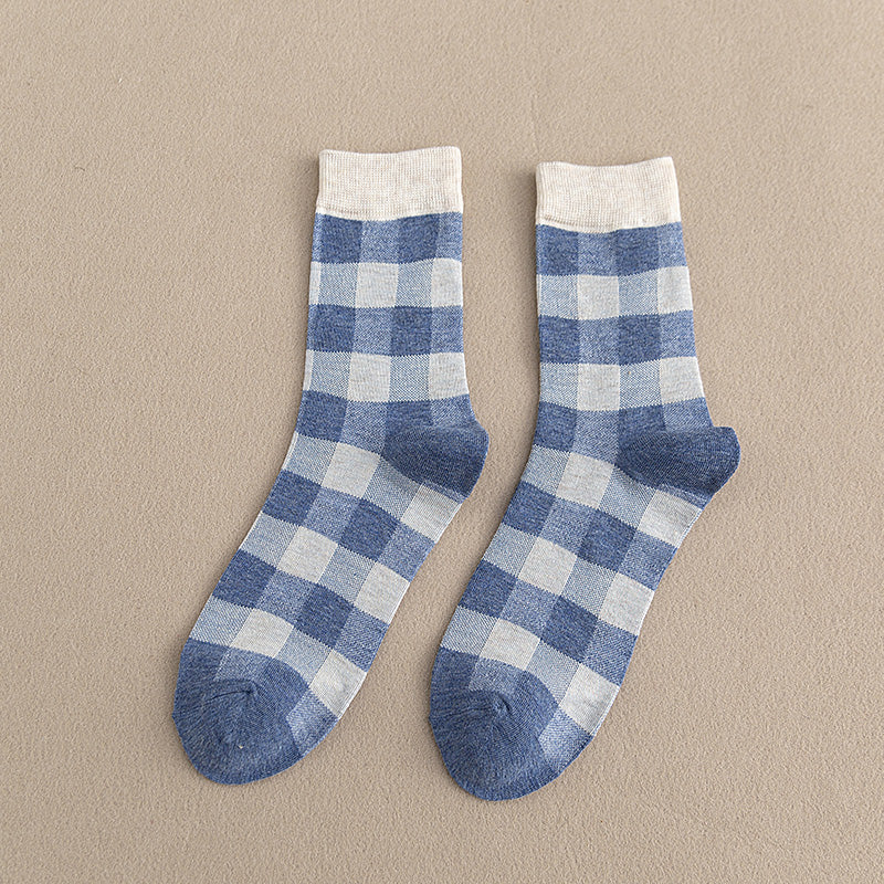 Blue Socks Women'S Pure Cotton Plaid Tube Socks - Amazhona 