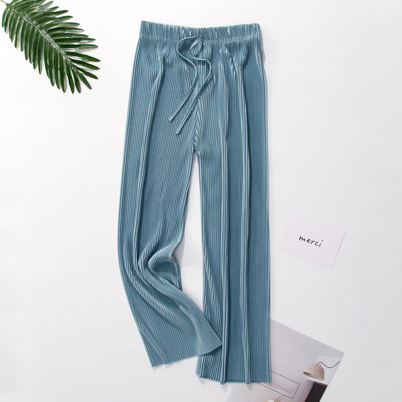 Pleated wide-leg pants trousers high waist vertical spring and summer new loose casual pants chiffon trousers ice silk nine points pants - Amazhona 